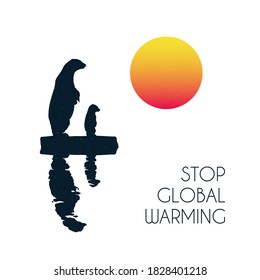 Polar bears on ice floe. Animal silhouettes. Global warming