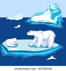 Polar bears on the ice near the iceberg. Adult and baby animal