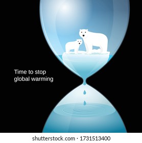 Polar bears on a melting ice floe inside an abstract water clock. "Time to stop global warming" poster concept. Climate change issue. Sea level rise. Vector illustration.