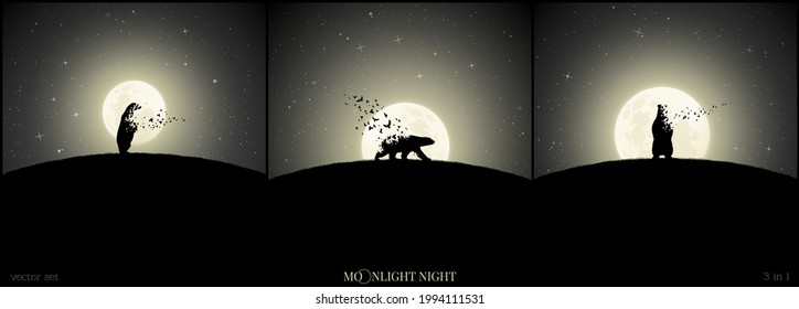 Polar bears on moonlight night. Endangered animal. Death and afterlife