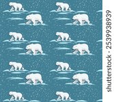 Polar bears in pattern.Vector seamless pattern with white polar bears on a blue background with snow.