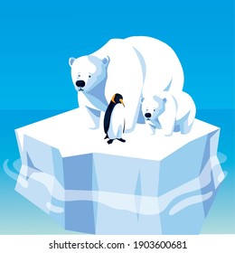 polar bears and penguin floating on iceberg north pole vector illustration