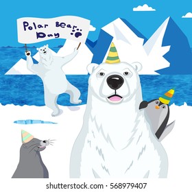 Polar bears, a penguin and a seal celebrate Polar bear day.Vector illustration.