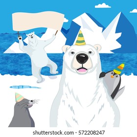 Polar bears, a penguin and a seal celebrate Polar bear day.