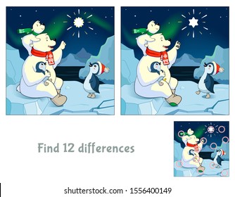 Polar bears and penguins look at the star. North pole. Christmas. Find 12 differences. Educational game for children. Cartoon vector illustration.