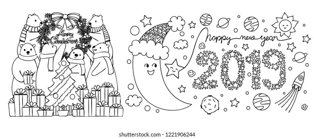 Polar bears preparing for christmas party and moon celebrate new year 2019 with stars and planet for design element and coloring page.Vector illustration