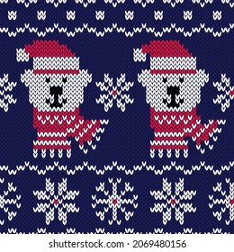 Polar bears in red Santa Claus hat jacquard seamless pattern. Winter knitted style. Creative vector illustration.