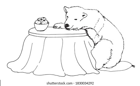 
Polar bears are relaxing in a warm room.The table is called a kotatsu. It is warm with a futon. Mandarin oranges are also an essential item.