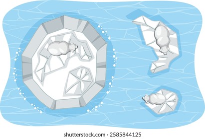 Polar bears resting on drifting icebergs in water