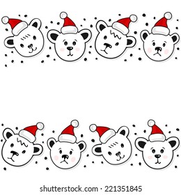 Polar bears in Santa Claus hats Christmas winter holidays seamless double horizontal border on white background