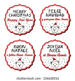 Polar bears in Santa Claus hats Christmas with vintage frame and Christmas wishes in English French Spanish Italian winter holidays sticker set isolated on white background