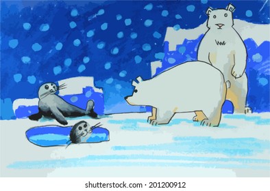 polar bears and seals on ice painting background