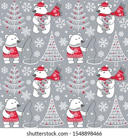 Polar bears seamless pattern. Animal cartoon with Christmas tree and fisher bear and snowy forest. Winter background. Vector illustration.
