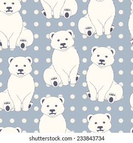 Polar bears seamless pattern. Blue polka dot background for kids