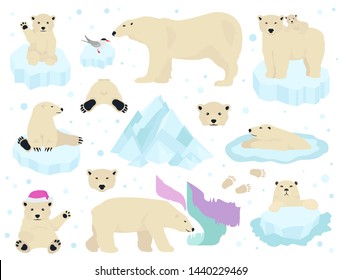 Polar bears set, teddy bear in Arctic. Vector illustration