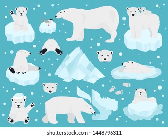 Polar bears set, teddy bear in Arctic. Vector illustration