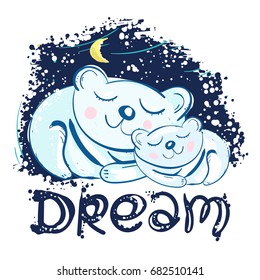 Polar bears sleep under star sky. Dream kids. Mother and son polar bears cute kids print, t-shirt design