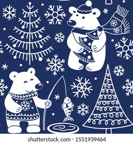 Polar bears and snowy forest seamless pattern. Blue and white Christmas background. Monochrome vector illustration.