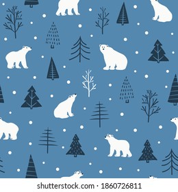 Polar Bears in snowy forest vector seamless pattern for kids - for fabric, wrapping, textile, wallpaper, background.