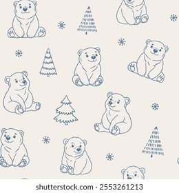 Polar Bears in snowy forest vector seamless pattern for kids. Christmas background with cute cartoon polar bears. Adorable Baby White polar bear line sketch set. Hand drawn design for textiles