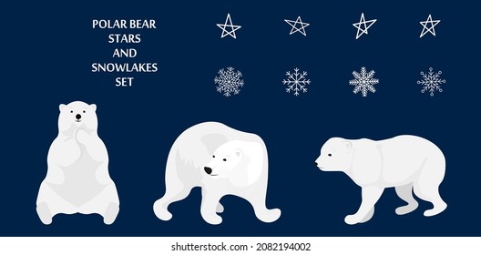 Polar bears, stars and snowflakes set isolated on dark background. Vector set for wrapping paper, pattern fills, winter greetings, web page background, Christmas and New Year greeting cards.