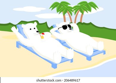 Polar bears sunbathing on a beach