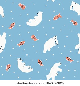 Polar Bears Swimming Underwater With Fish Vector Seamless Pattern For Kids - For Fabric, Wrapping, Textile, Wallpaper, Background.