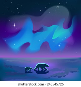 Osos polares Vector bajo el cielo auroral