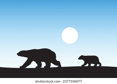 Polar bears walking. Baby bear and mother. Animal family silhouette