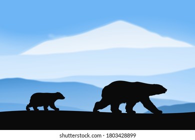 Polar bears walking in snow. Animal silhouettes in foggy mountains