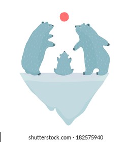 Polar Bears Watching the Sunset. Three white bears and iceberg. Vector illustration EPS8.