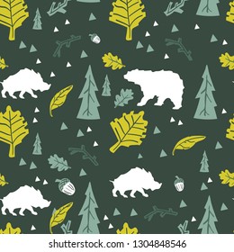 Polar bears and wild boars walk in the forest. On a green background. Seamless pattern.
