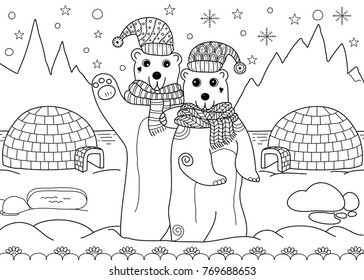 Polar bears in winter season coloring book page for adult and children. doodle style. vector illustration. handdrawn.