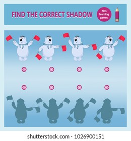 Polar bear-sailors signals semaphore flags. Find the correct shadow. A learning game for children. Cartoon vector illustration. Children's educational game collection.