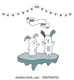 Polar bunny ice floe vector celebration greeting birthday card winter mood friendly school xmas day letter holidays landscape snow flake ribbon rabbit wave cute animal face smile on white background