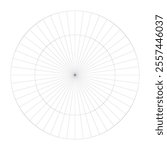 Polar coordinate circular grid isolated on white background. 360 degrees scale. Blank polar graph paper. Vector illustration. Mathematical graph. Lined blank on transparent background.