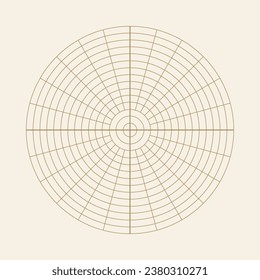 Polar coordinate circular grid isolated on white background. 360 degrees scale. Blank polar graph paper. Vector illustration. Mathematical graph. Lined blank on transparent background.