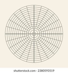 Polar coordinate circular grid isolated on white background. 360 degrees scale. Blank polar graph paper. Vector illustration. Mathematical graph. Lined blank on transparent background.