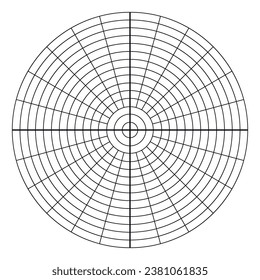Polar coordinate circular grid isolated on white background. 360 degrees scale. Blank polar graph paper. Vector illustration. Mathematical graph. Lined blank on transparent background.
