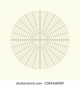 Polar coordinate circular grid isolated on white background. 360 degrees scale. Blank polar graph paper. Vector illustration. Mathematical graph. Lined blank on transparent background.