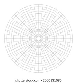 Polar coordinate circular grid isolated on white background. 360 degrees scale. Blank polar graph paper. Vector illustration. Mathematical graph. Lined blank on transparent background.