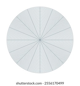 Polar coordinate circular grid isolated on white background. 360 degrees scale. Blank polar graph paper. Vector illustration. Mathematical graph. Lined blank on transparent background.