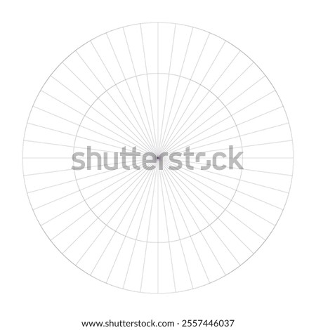 Polar coordinate circular grid isolated on white background. 360 degrees scale. Blank polar graph paper. Vector illustration. Mathematical graph. Lined blank on transparent background.
