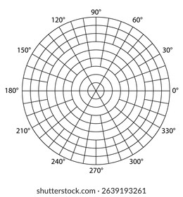 Polar coordinate grid divided into sectors of 10, 30, and 60 degrees and several circles. Concentric mesh with different angles. Radar scheme. Vector illustration.