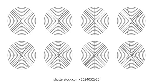 Polar coordinate grids divided into 2-9 sectors and 10 circles. Set of concentric meshes with different angles. Radar scheme. Vector illustration.