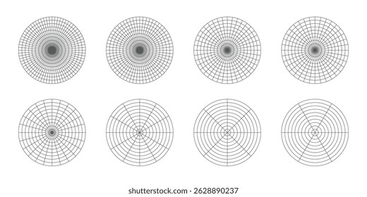Polar coordinate grids divided into 6, 8, 12, 24, 36, 40, 60, 72 sectors and 10 circles. Set of concentric meshes with different angles. Radar scheme. Vector illustration.
