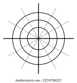 Polar coordinate system in mathematics. Polar grid with different angles. Three concentric circles.