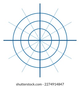 Polar coordinate system in mathematics. Polar grid with different angles. Three concentric circles.