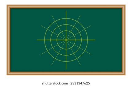 Polar coordinate system in mathematics. Polar grid with different angles. Three concentric circles.