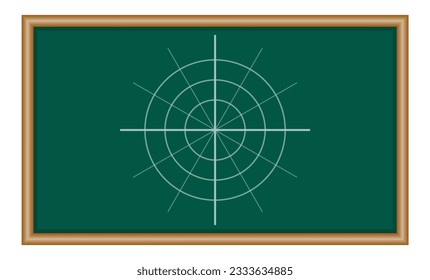 Polar coordinate system in mathematics. Polar grid with different angles. Three concentric circles.